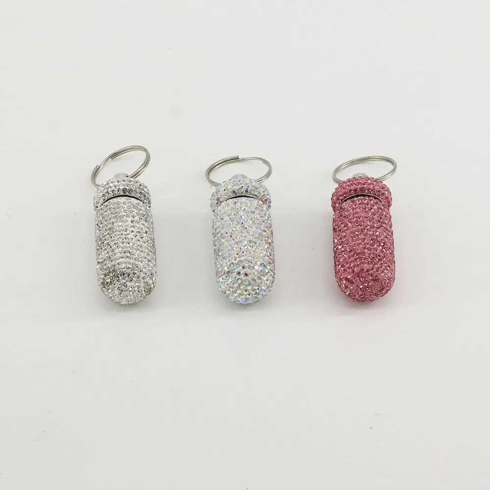 

Women Mini Vitamins Crystal Waterproof Rhinestones Capsules Organizer Key Ring Bling Medicine Bottle Travel Pill Case