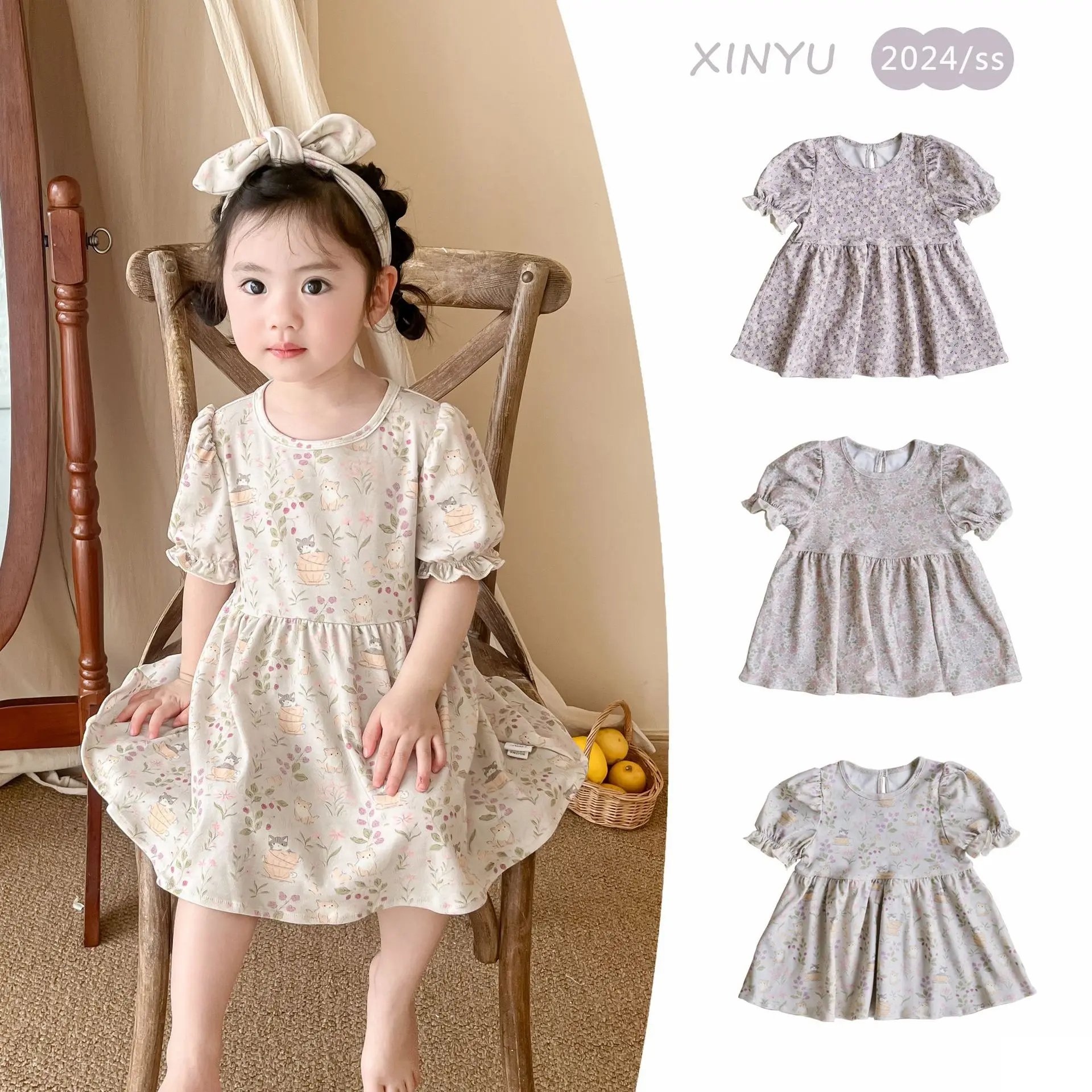 

2024 Summer New Dress Pure Cotton Flower Cute Top Fragmented Short Sleeve Children's Dress