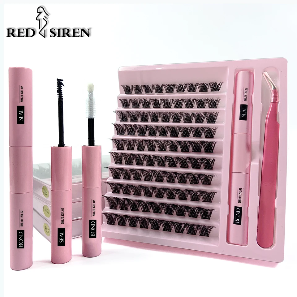 RED SIREN DIY Lash Extensions Kit Makeup Set Lash Bond and Seal Glue Individual lashes 10 Rows Cluster Eyelashes Extension