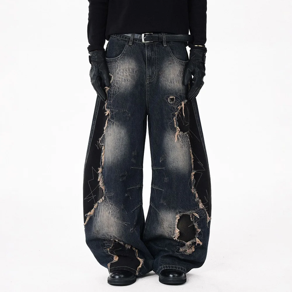 Wasteland Style Patch Denim Baggy Jeans Men Streetwear Vintage Loose Casual Ripped Scimitar Jeans Pants Women Machete Trousers