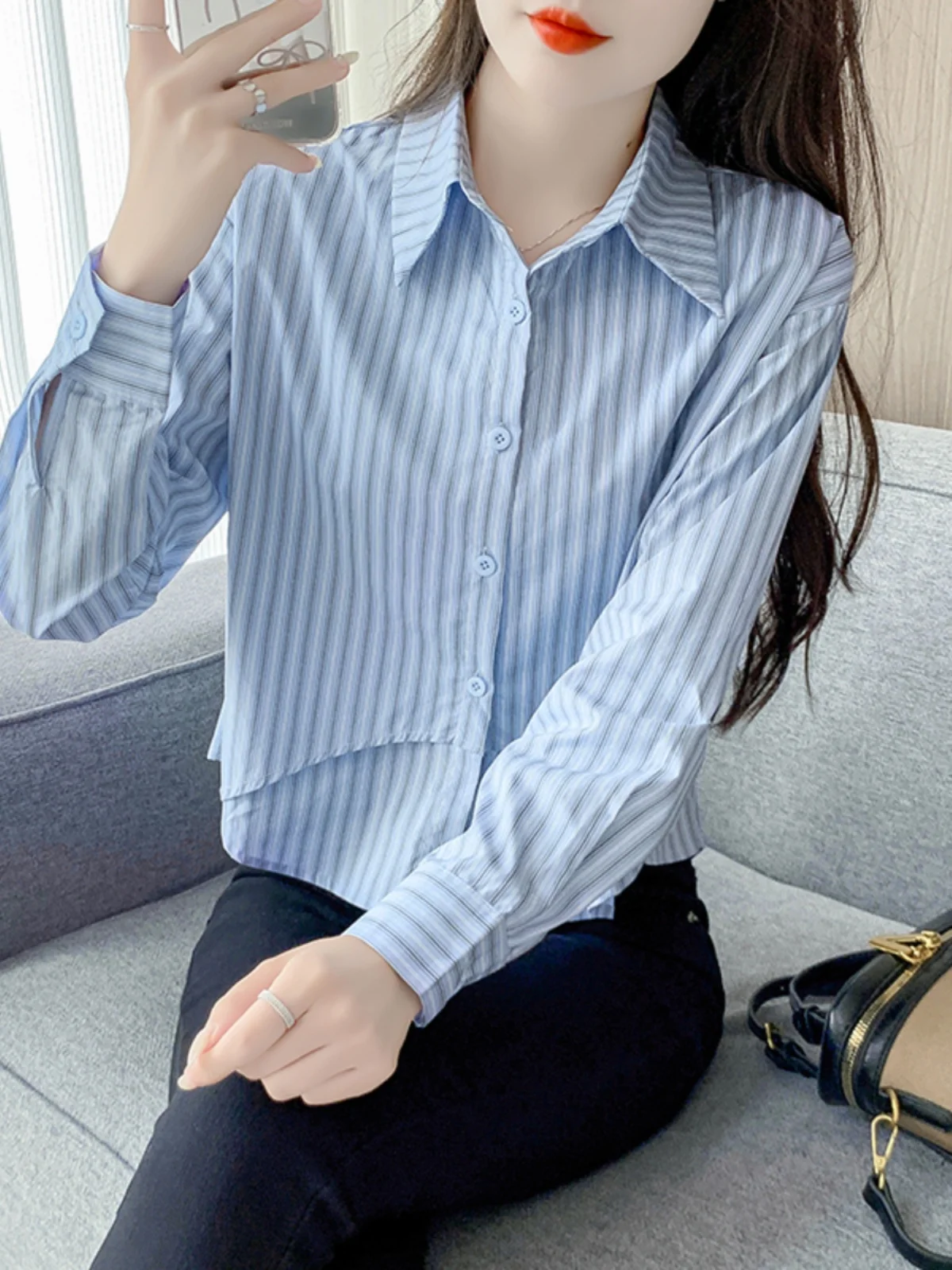 

Women's Long Sve Striped irt Loose Fit Patchwork Design Autumn Faion Casual Versatile Top Button up Ne ort Le...