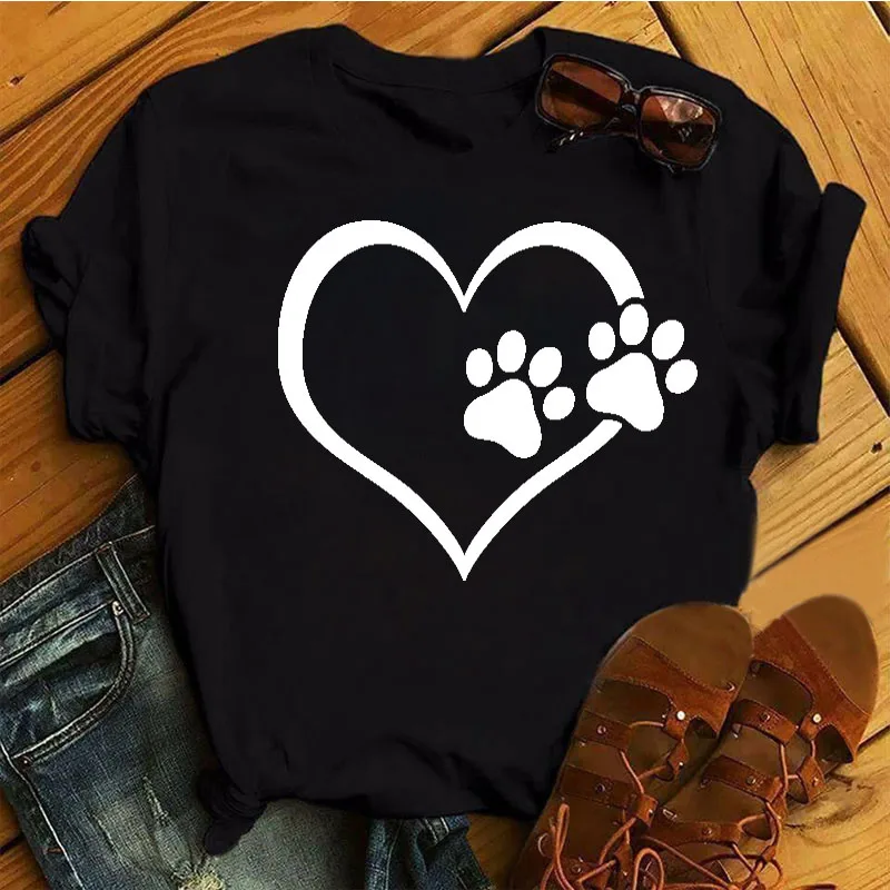 

Women T Shirt Cartoon Colorful Heart Dog Paw Print Short Sleeve T-Shirt Female Summer Black T-shirt 90s Girls Hip Hop Casual Top