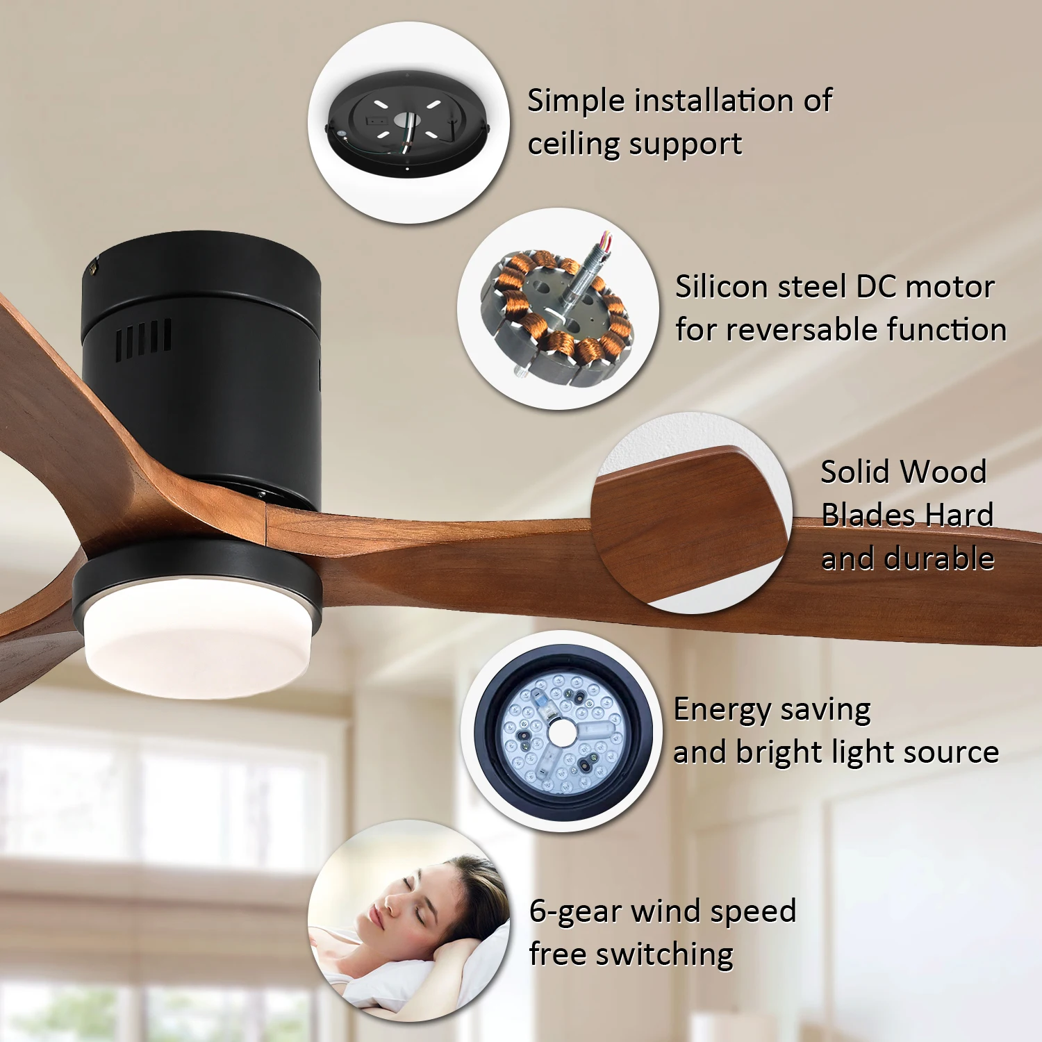 52 Inch Wooden Ceiling Fan, With 18W Led Light 3 Solid Wood Blades, Remote Control Reversible DC Motor with ETL Ceiling Fan For