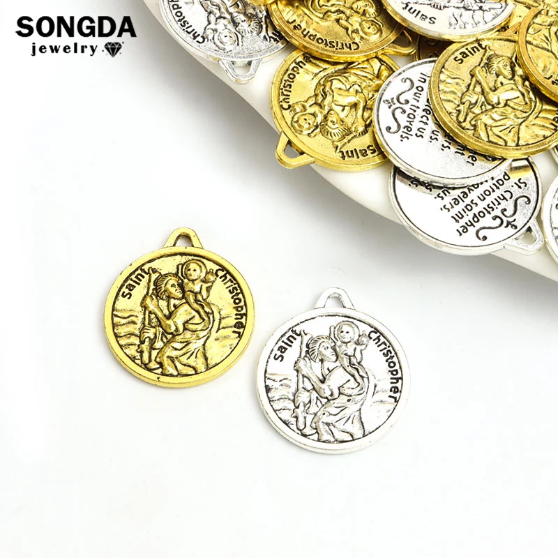 5pcs St. Christopher Metal Charms Catholic Patron Saint Antique Silver Gold Color Prayer Pendant Fit DIY Making Jewelry Necklace