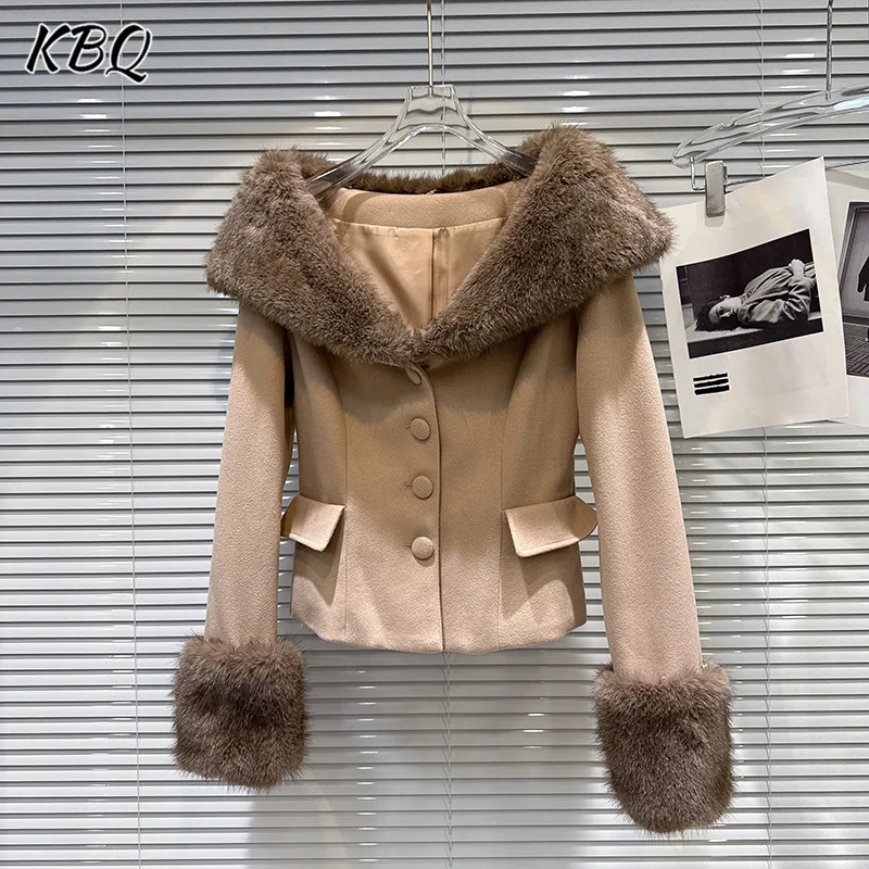 

KBQ Solid Spliced Feather Loose Tunic Jackets for Women Shawl Long Sleeve Patchwork Button Temperament Coat Female Fashion New