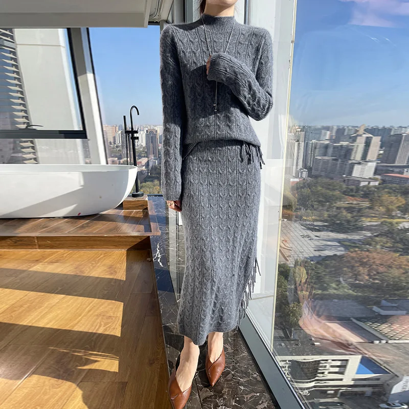 Elegant and Intellectual Women\'s Clothing Pure Wool Sweater Skirt Two-Piece Half Turtleneck Knitted Jumper Fashion Fringe Skirt