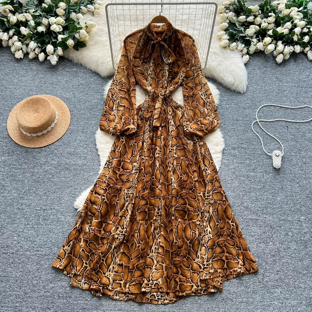 

Элегантное женское длинное платье макси с длинным рукавом и змеиным узором, винтажное вечернее платье 2022, осень-зима, уличная одежда, клубные вечерние платья