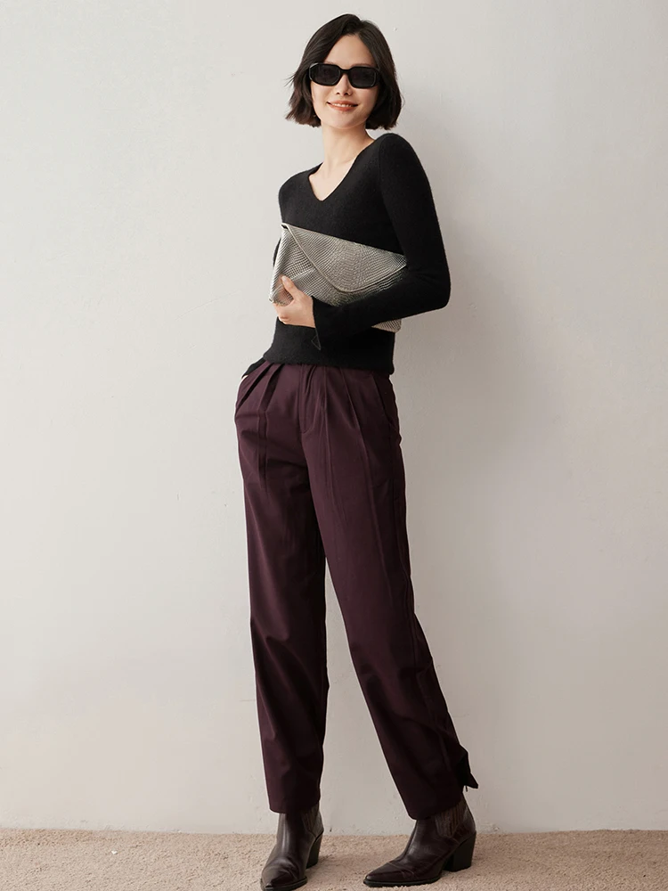 Grace Women Cashmere Pullover V-neck Basic Slim Sweater Autumn Winter 100% Cashmere Knitwear Split Sleeve Solid Comfort Clothing