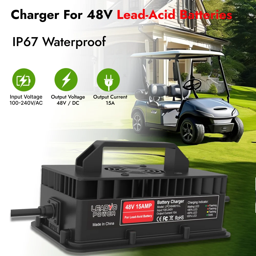 48V 15A Golf Cart Battery Charger for Club Car DS Precedent with 3-Pin Round Plug Battery smart Charger 800W IP67 waterproof