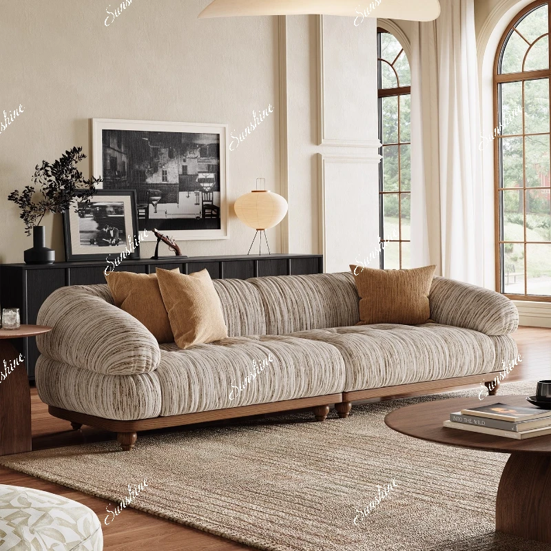 

French cream style lazy solid wood fabric sofa retro small apartment