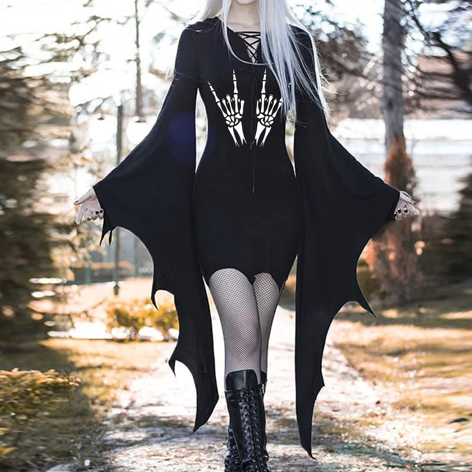 

Halloween Witch Dresses Women's Medieval Rave Party Dresses Gothic Bat Sleeve Dresses Vintage Style Cosplay Performance Dresses