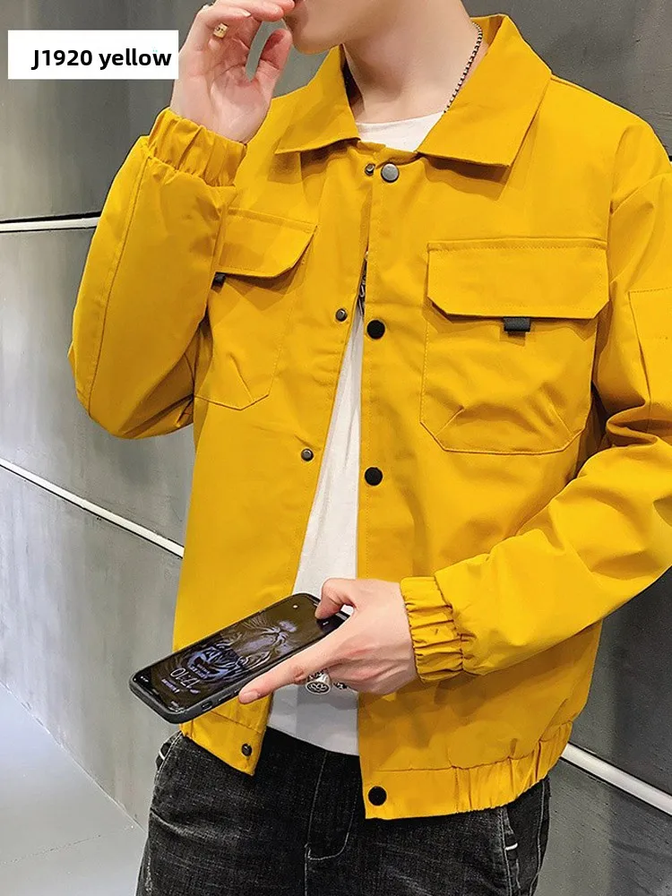 

Men's Windproof Jaet Spring Autumn Flip Collar Workwear Trendy Coat No Hat Youth Early Autumn Faionable Polyester