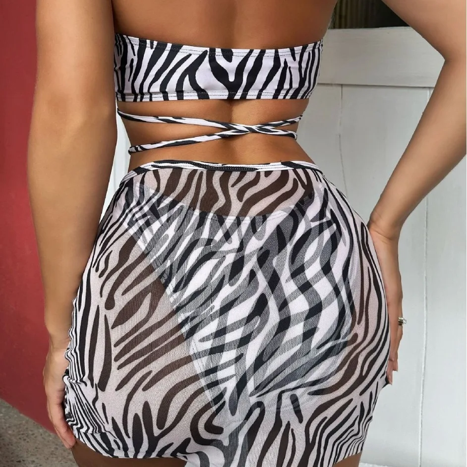 2025 new European and American striped printed drawstring lace-up three-piece swimsuit bikini bikini swimsuit