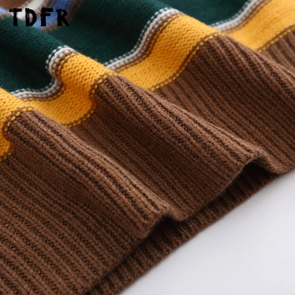 Contrast Horizontal Striped Sweater Mens Autumn Winter Retro Casual Loose Lapel Long Sleeve Knitted Pullover Men