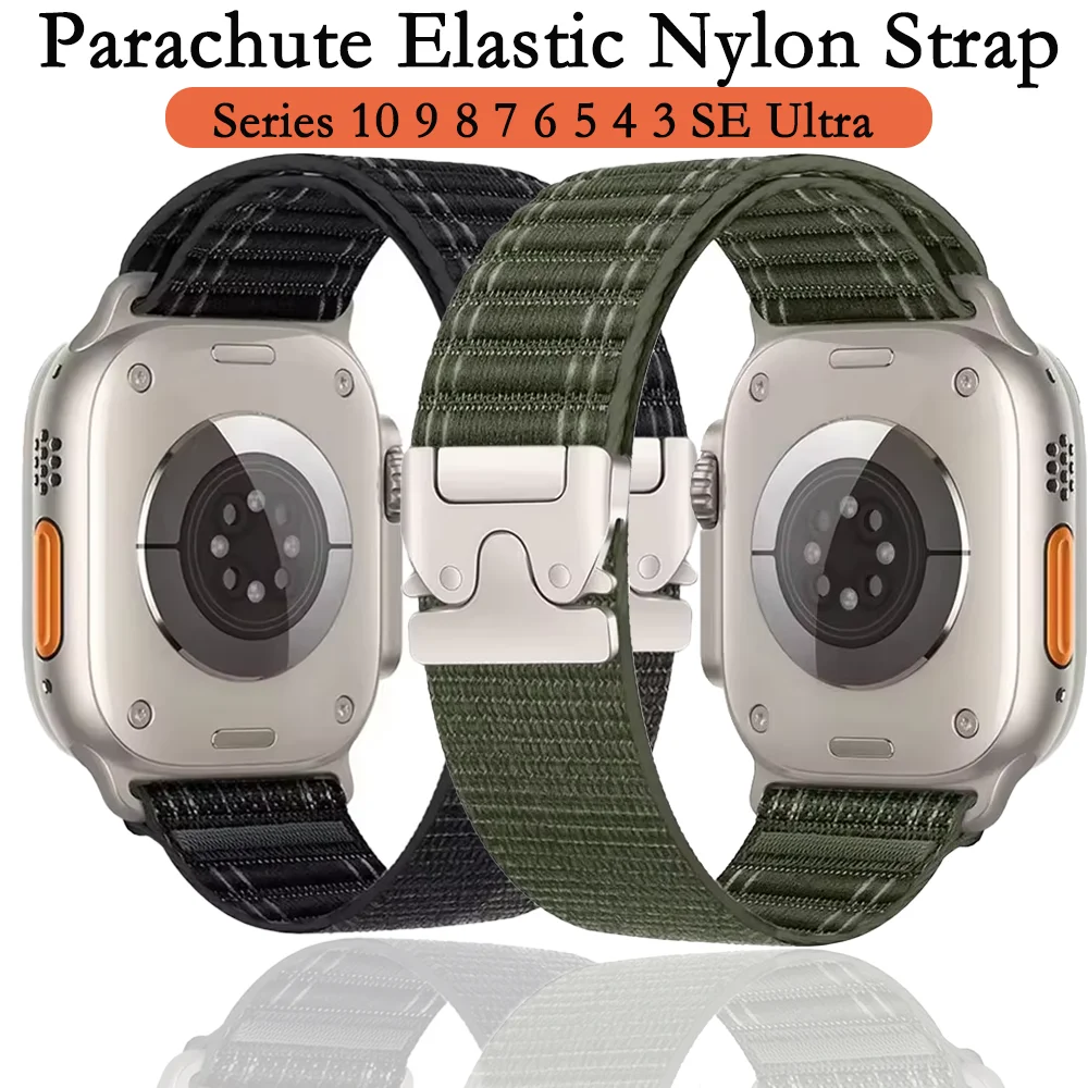 Correa de nailon elástica de paracaídas para Apple Watch Ultra 2, 49mm, 10, 46mm, 42mm, iWatch 9, 8, 7, 6, 5 SE, 45mm, 41mm, 44mm, 40mm