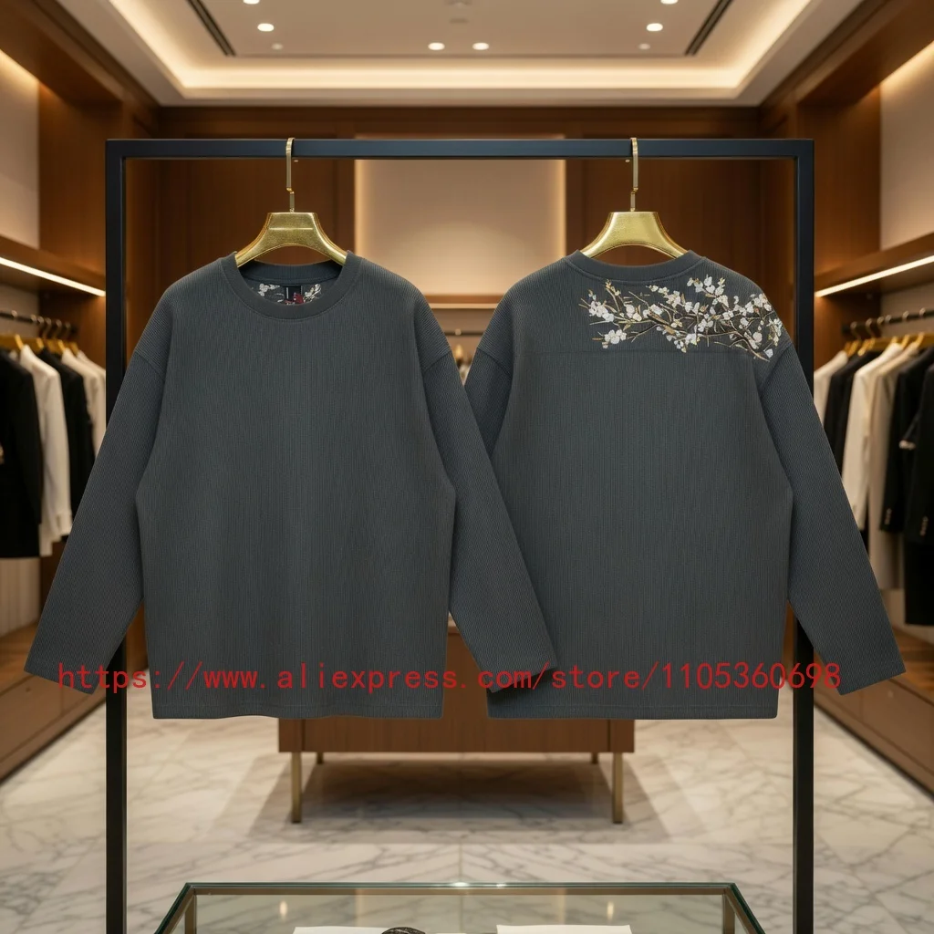 Real Photo DERSCHUTZE Men's Charcoal Waffle Knit Long Sleeve T Shirt White Floral Embroidery Back Casual Loose Top