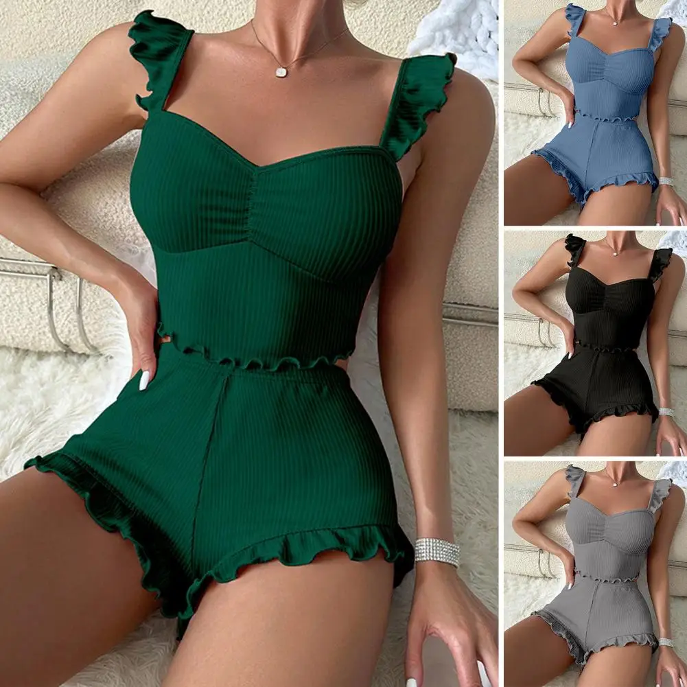 

Women's Ribbed Pajamas Set Ruffle Trim, Sleeveless Crop Top Shorts 2 Piece, Summer Casual Lounge Matching Set