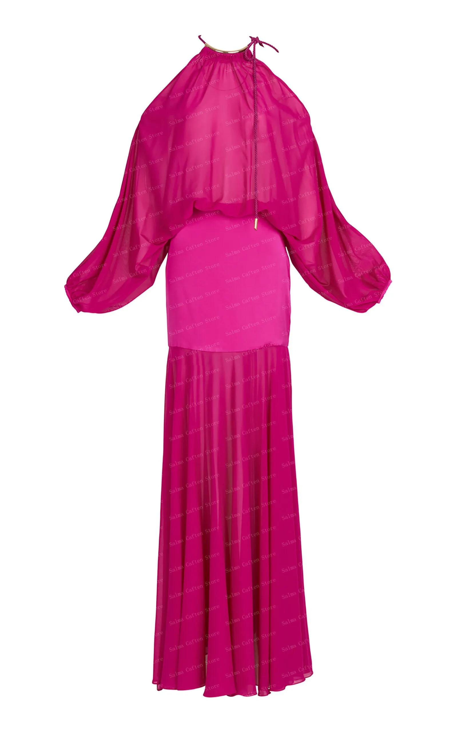 Vestido de sirena con cuello Halter de manga larga para mujer, vestido de noche Elegante, transparente, vestido de graduación hecho a medida, Rosa caliente