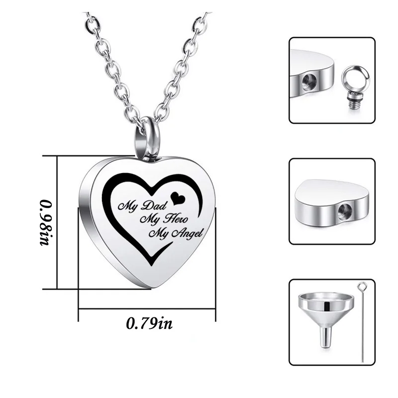 Stainless Steel Heart Shaped Memorial Urn Necklace Human Ash Casket Cremation jewelry Keepsake Pendant -Custom text