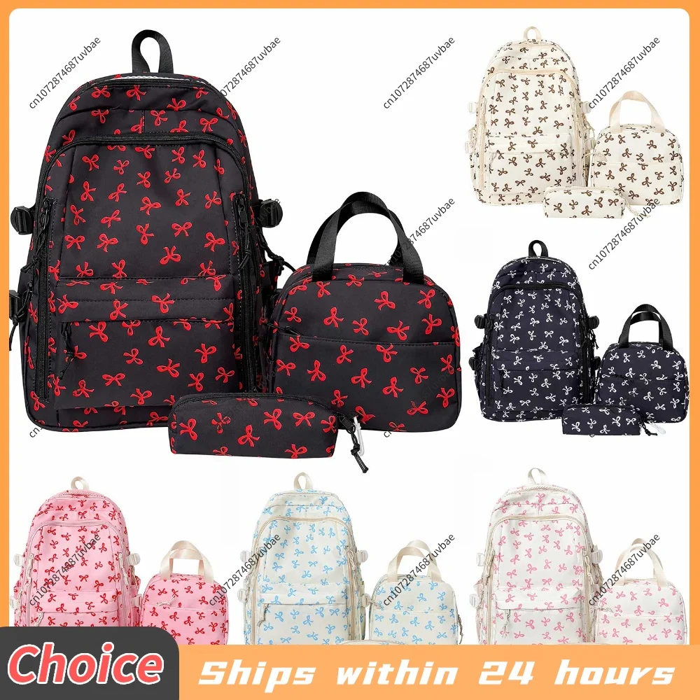 Coquette Bow Cute Kawaii Backpack Set with Lunch Box and Pencil Pouch Aesthetic Preppy Backpack for Teens Girls Students
