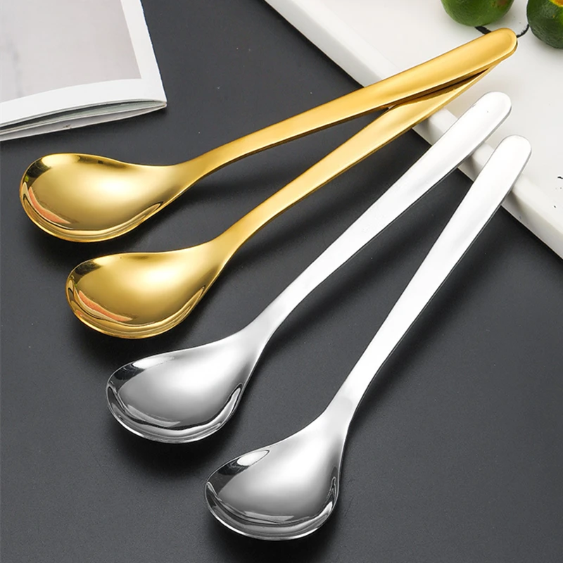 Stainless Steel Gold Plated Spoon, Western Food Soup Ladle,Tableware Long Handle, Bouillon, Marmalade Tablespoons, Kitchen Tools