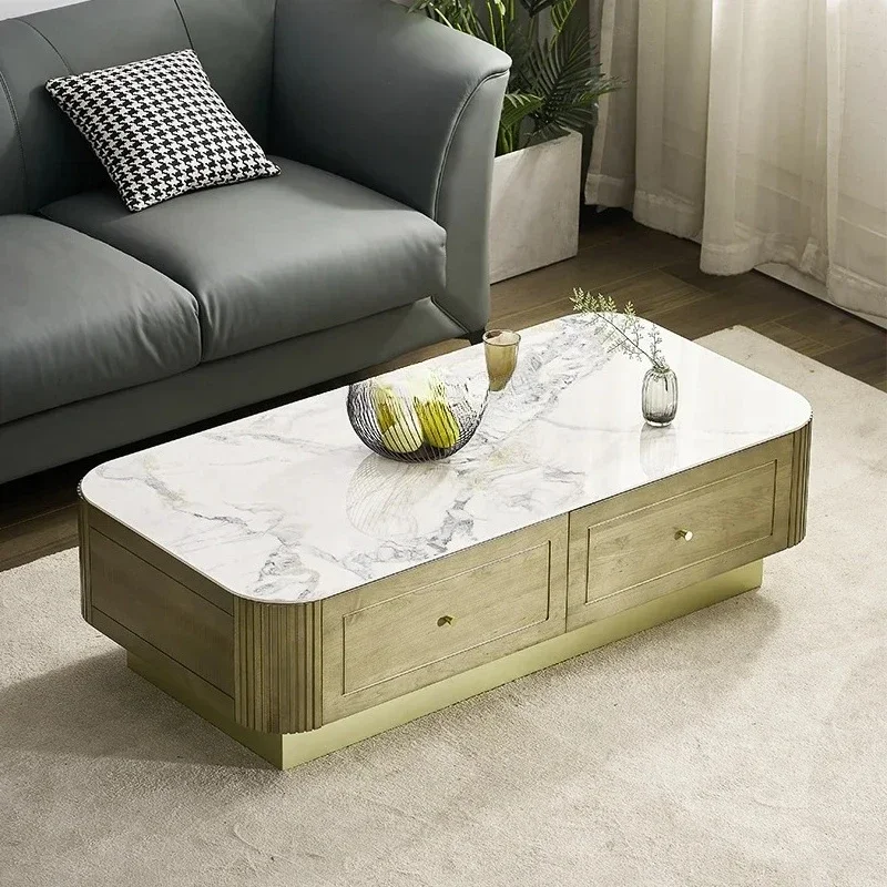 Solid Wood Light Luxury Coffee   Living Room   Maple Stone Plate Tea   Modern Simple Tea Table Drawer Coffee Table