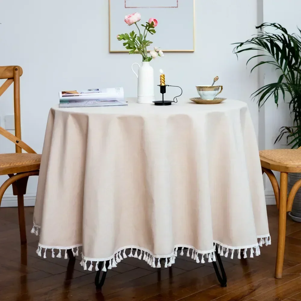 

Solid color large round tablecloth,restaurant tablecloth plain lace round dust-proof cotton linen table mat skyblue