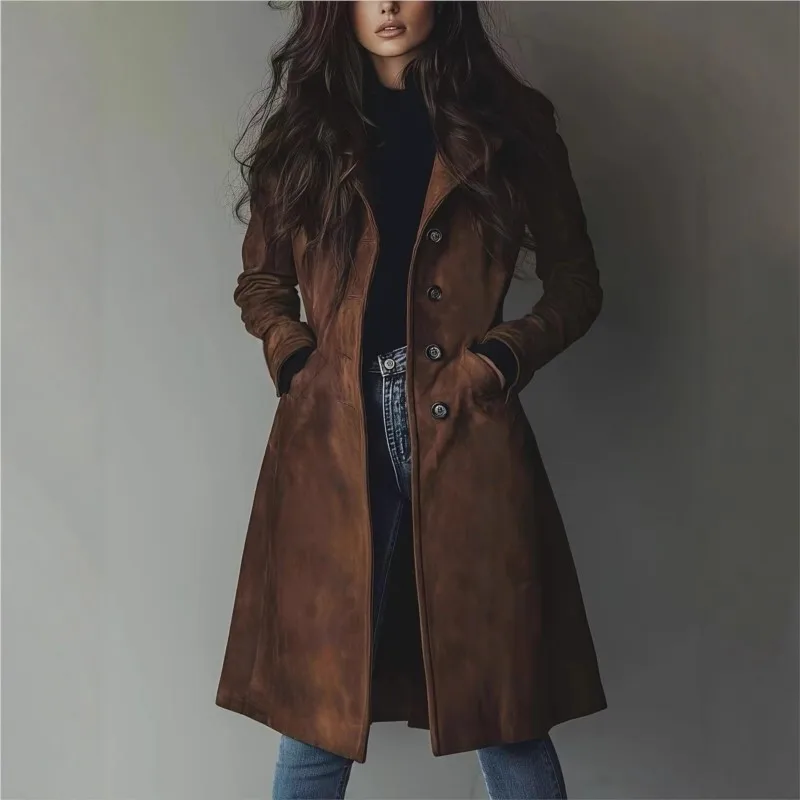 

Women's Suede Trench Coat Long Single Breasted Full Sleeve Brown Windbreaker Elegant Autumn Street Outwear 2025 New