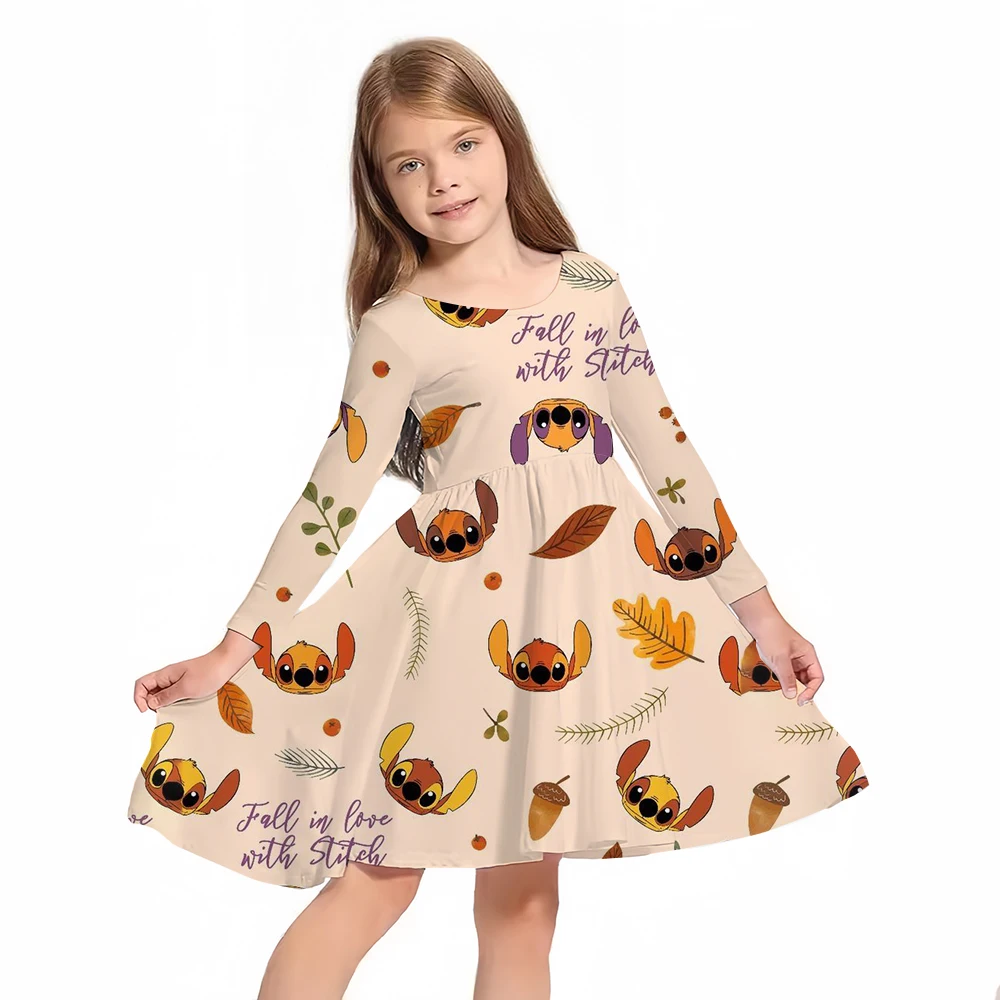 Casual Children's Clothing Autumn Fashion Disney Stitch cartoon print Dresses Long Sleeved Pleated Patchwork Girls' Dress