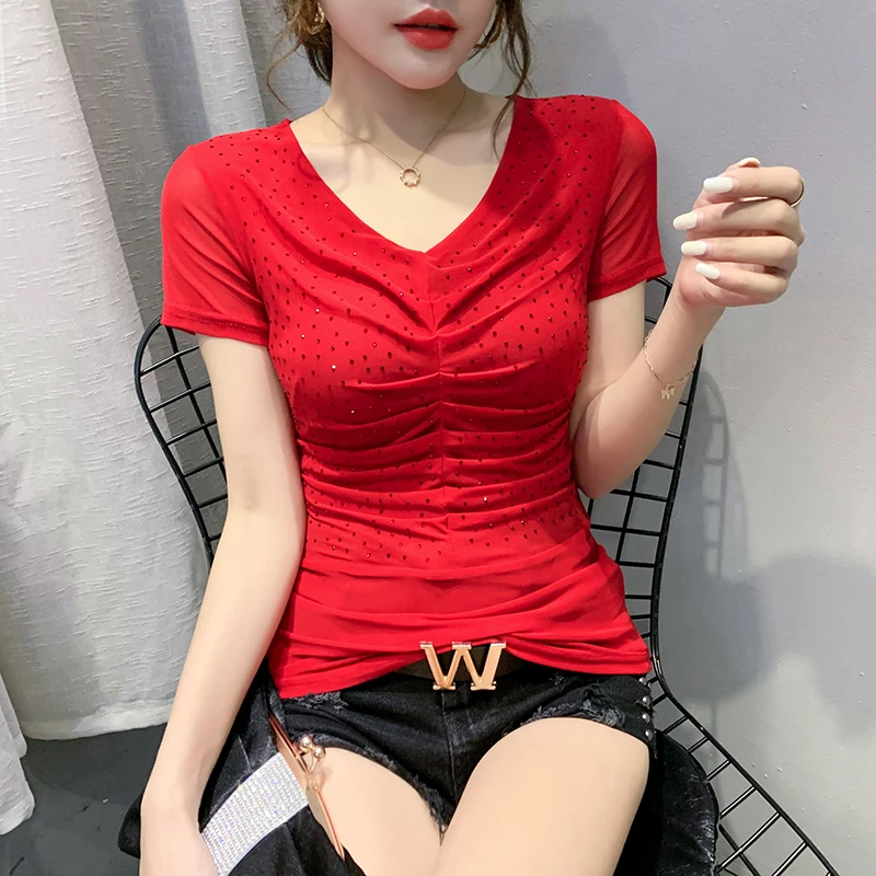 #5203 Red Black White Blue Sexy Mesh T Shirt Women V Neck Short T Shirt Femme Short Sleeved T Shirts Female Korean Style Summer