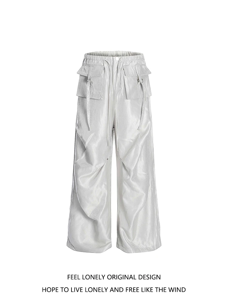 

Прямые повседневные брюки с высокой талией для мужчин и женщин, драпировка с высоким разрезом, морщины, жидкая спецодежда, широкие брюки, модные молодежные брюки...