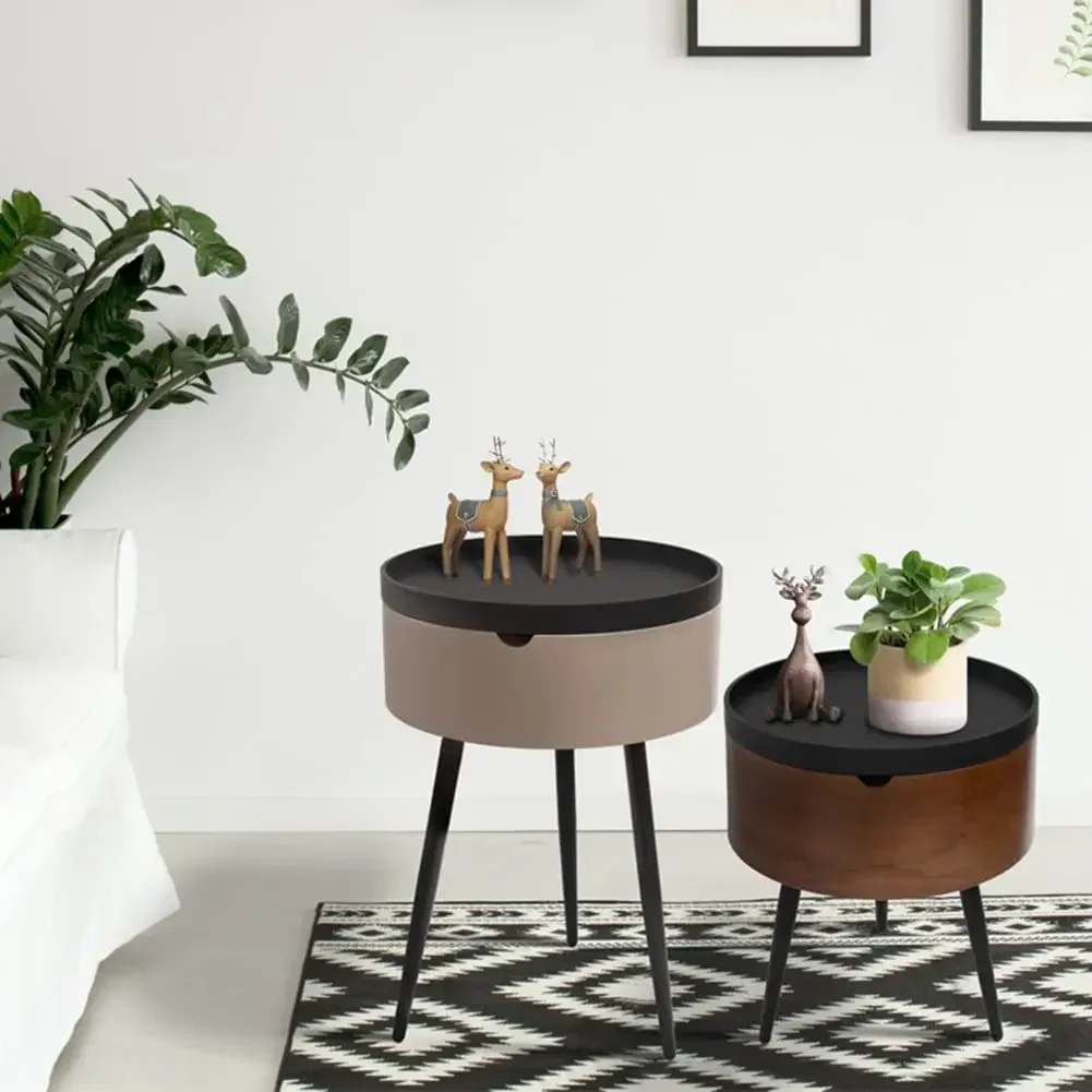 Bed Side Table Small Coffee Table with Storage Barrel, Surrounding Edge Top with Metal Legs, Large Storage Space