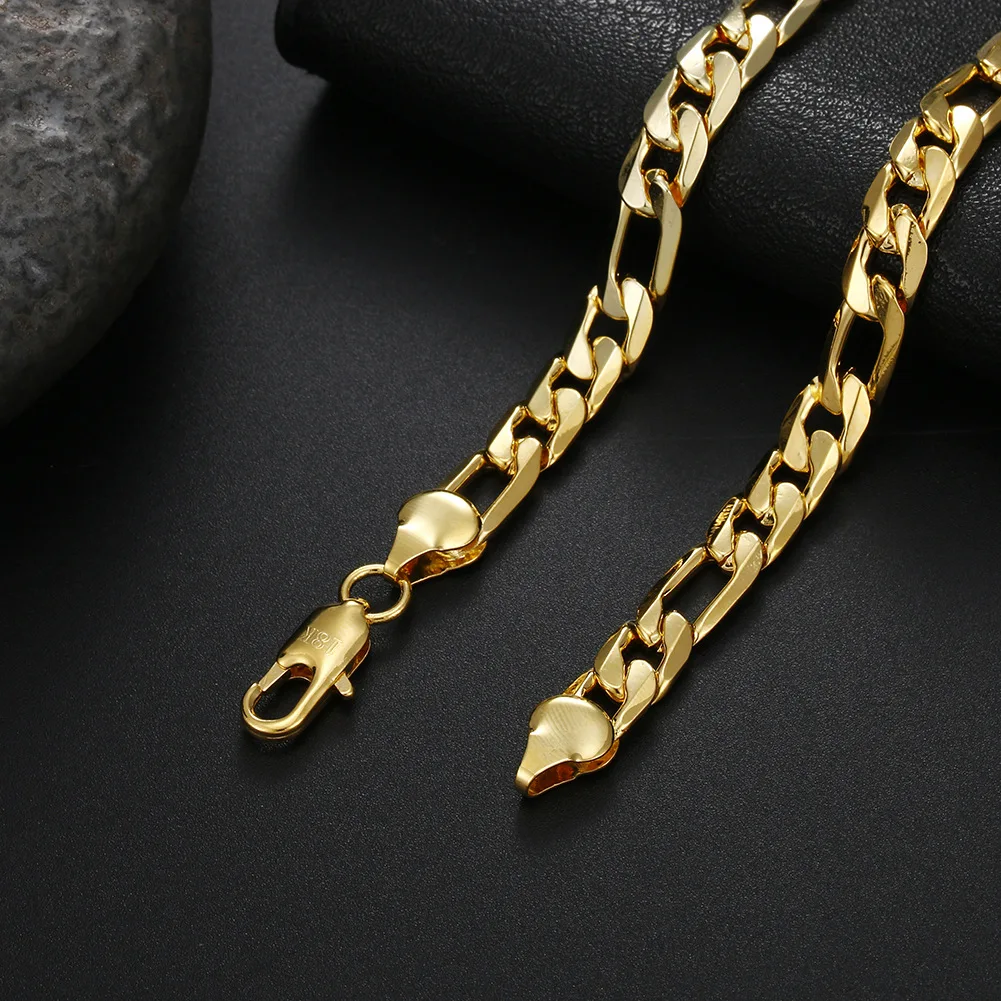 18K Plating True Gold Color Preserving Boutique Jewelry 8MM Three in One Side Necklace for Men and Women, Figaro Necklace