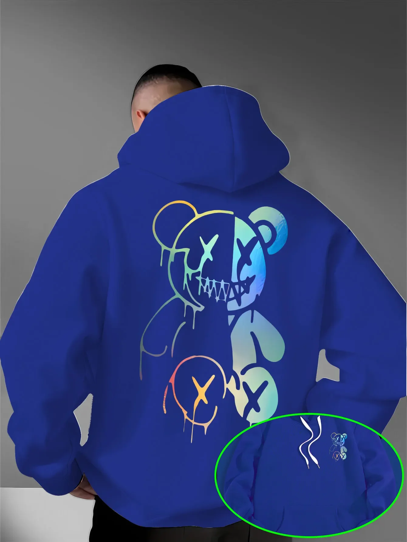 Lockere, übergroße Herren-Hoodies mit holografischem, geteiltem Evil-Bear-Motiv auf Vorder- und Rückseite, Pullover-Sweatshirt, dunkle Streetwear, Alltags-Kapuzenoberteile – Detail 12