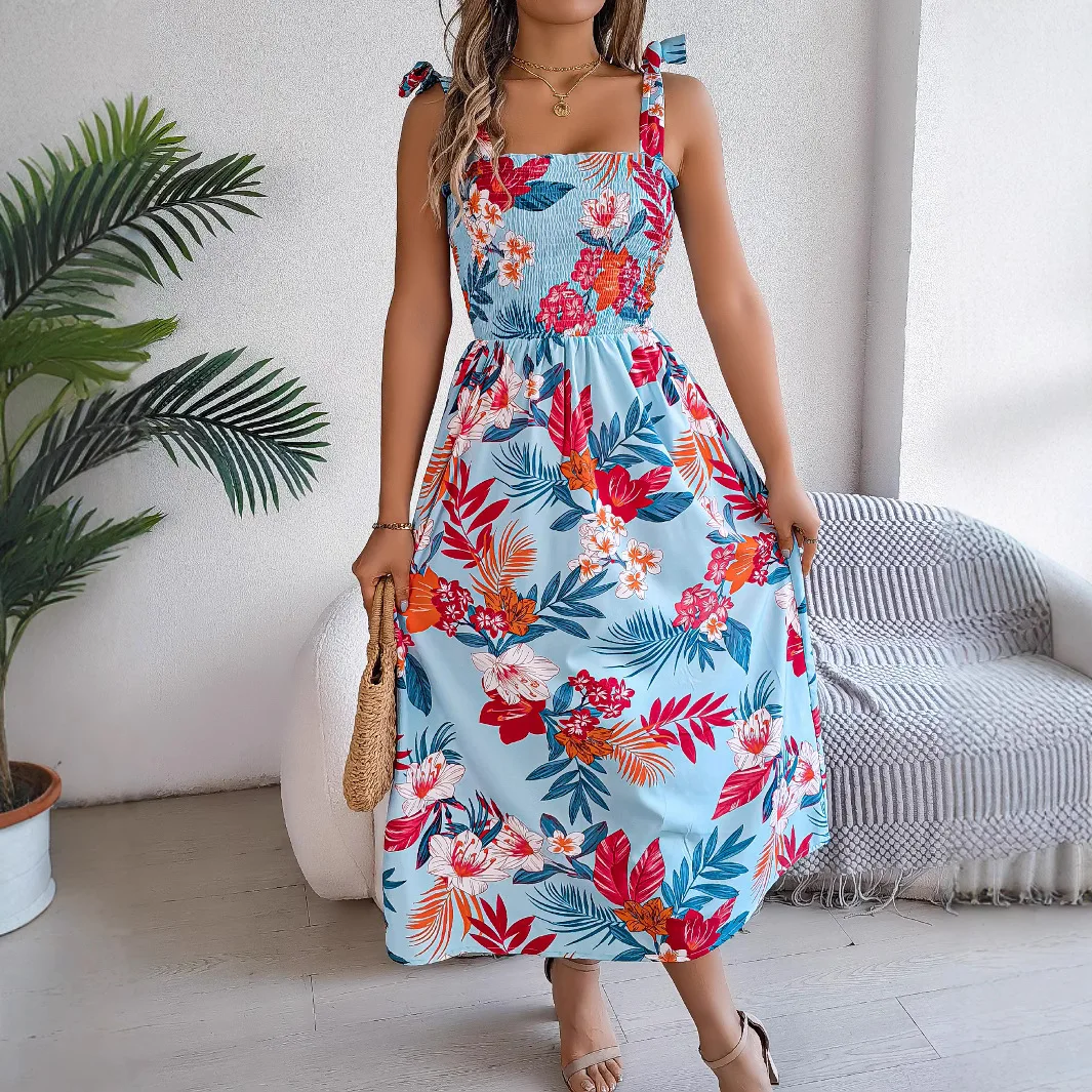 Jupe longue vêtements pour femmes 2025 printemps/été fleur européenne et américaine cravate taille cintrée camisole jupe vacances plage