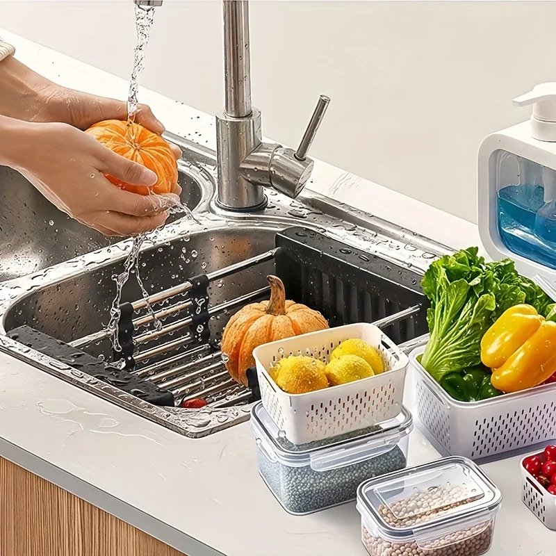 Kühlschrank-Aufbewahrungsbehälter-Set mit Deckeln und Sieb, Plastik-Frischhaltebox für Gemüse, Obst und Fleisch zur Organisation – Detail 5