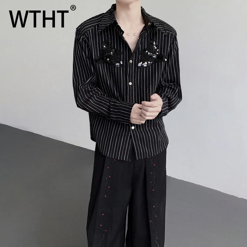 

WTHT модные мужские рубашки в полоску с блестками в тяжелом стиле, модные топы с отложным воротником и длинными рукавами, мужские осень 2023, 2A2047