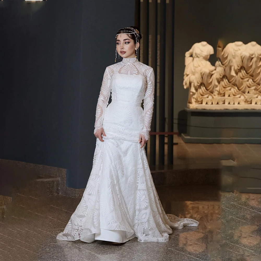 

Vintage Wedding Dresses Lace High Neck Long Sleeve Mermaid Brides Dress Sweep Train White Bridal Gown Customized robe de mariée