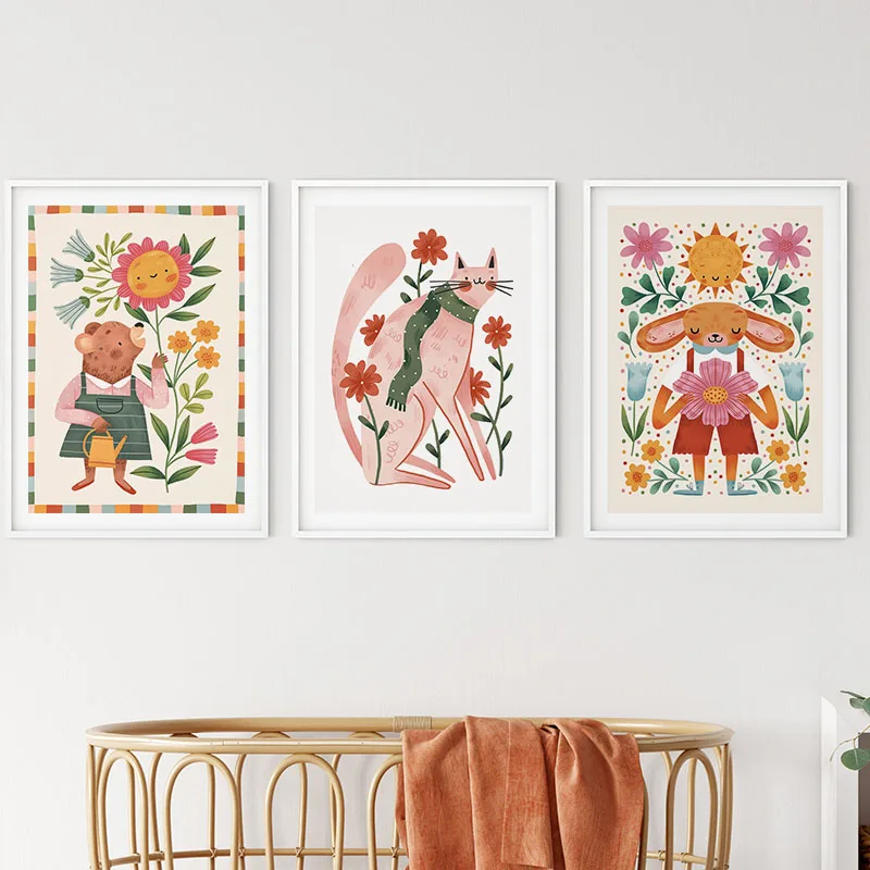 Cute Bear Rabbit Cat Mouse Flower Leaf Nursery Wall Art Canvas Painting Animal Posters Prints Wall Pictures Baby Kids Room De