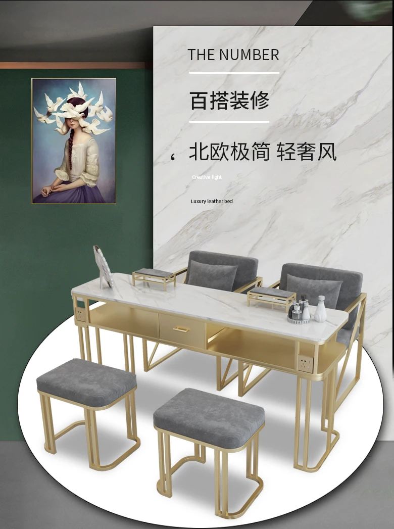 Nordic manicure table and chair set marble surface single and double three-person manicure table full set of ligh