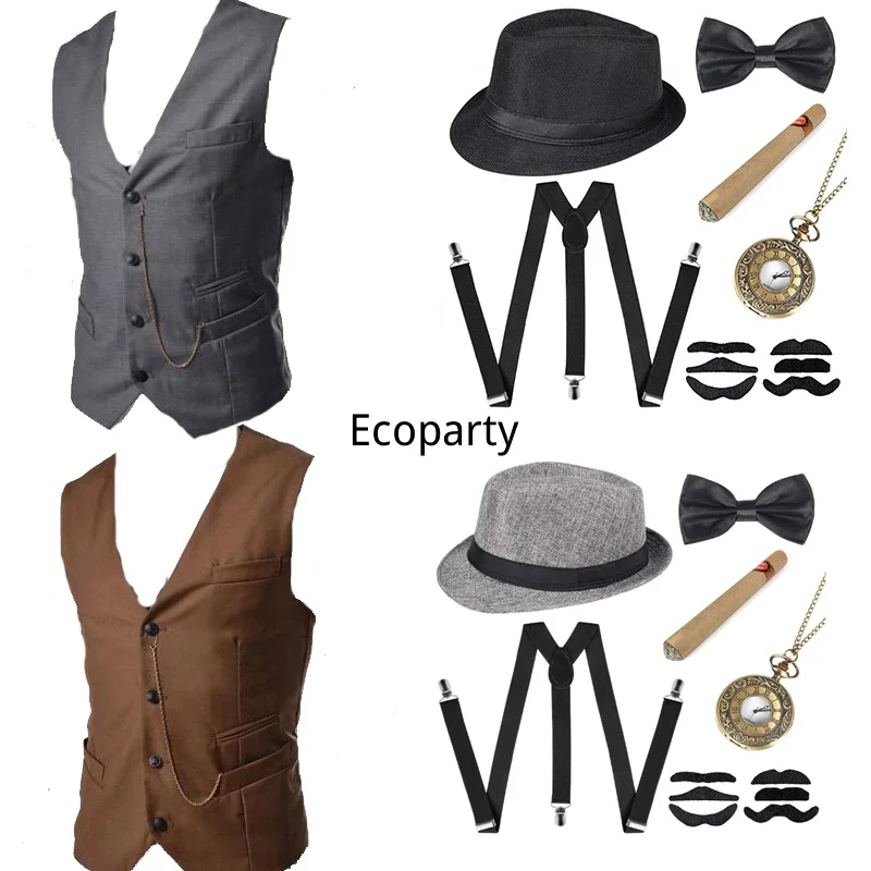 

Peaky Blinders Costume Accessories Set Steampunk WaistCoat Gangster Vest Pocket Watch 1920s Men Gatsby Cosplay Beard Suit Set 35