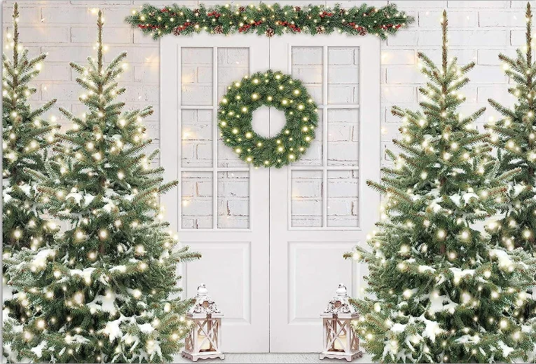 Rustic White Christmas Backdrop for Photography 2022 Winter Snow Xmas Tree Wood Door Background Holiday Party Photobooth