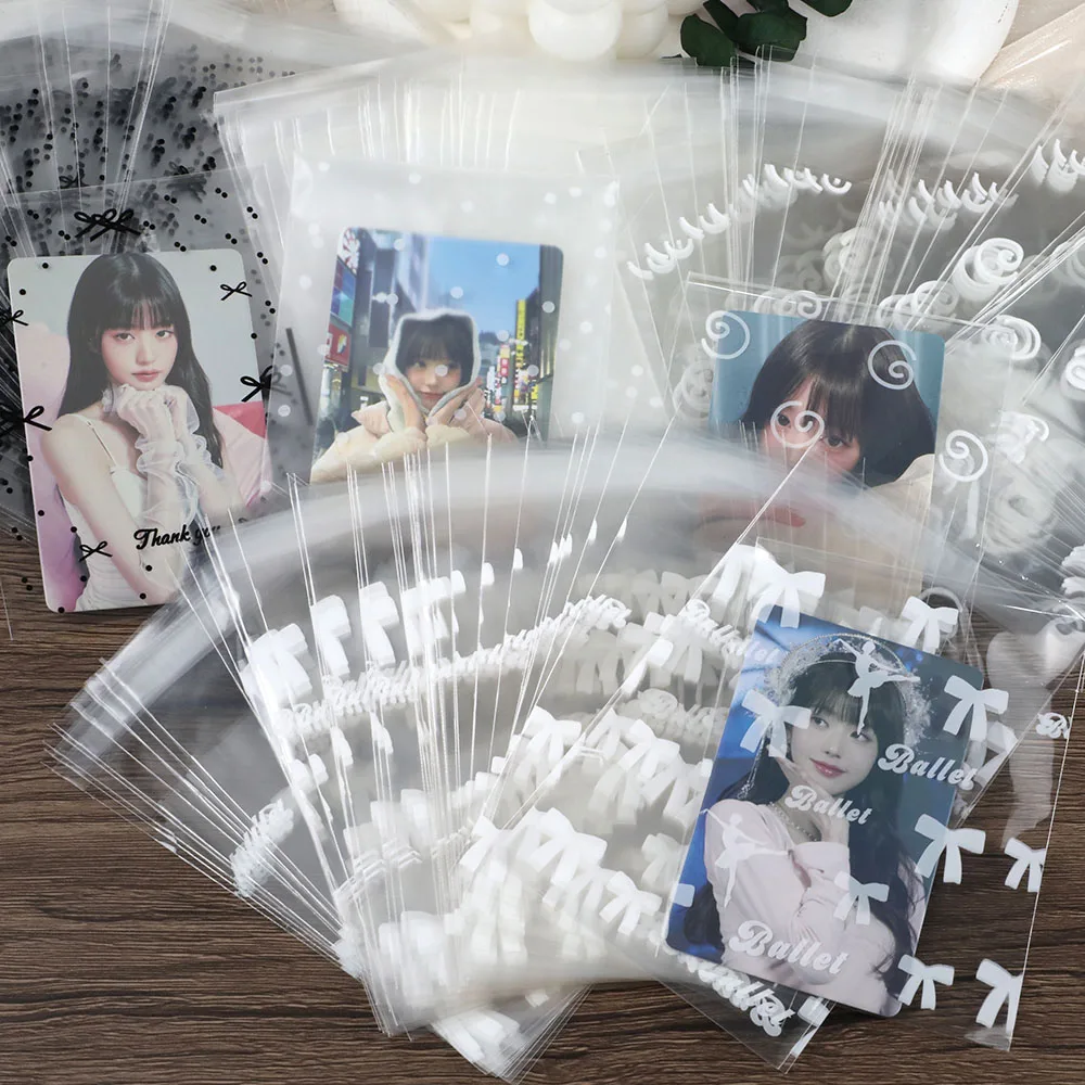 50Pcs Self-adhesive Photo Card Packaging Bag Transparent Bowknot Printed Photocard Sleeve INS Idol Photo Game Card Protector