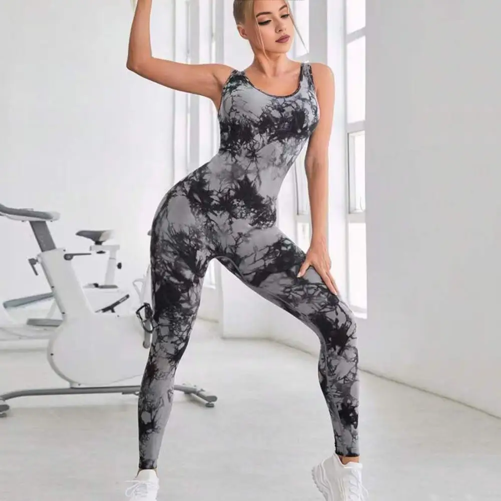 

Slim Fit Jumpsuit Tie-dye Butt-lifted Women's Sport Jumpsuit for Jogging Yoga Contrast Color Athletic Wear with Moisture Wicking