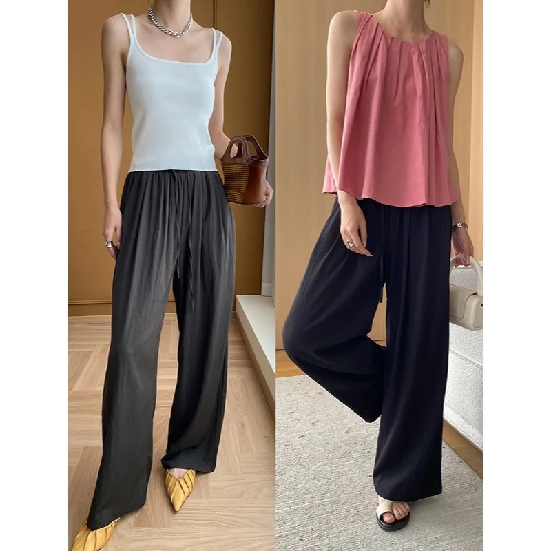 

Women Pants Leisure Drawstring Elastic High Waisted Slightly Mopped Wide Leg Pants