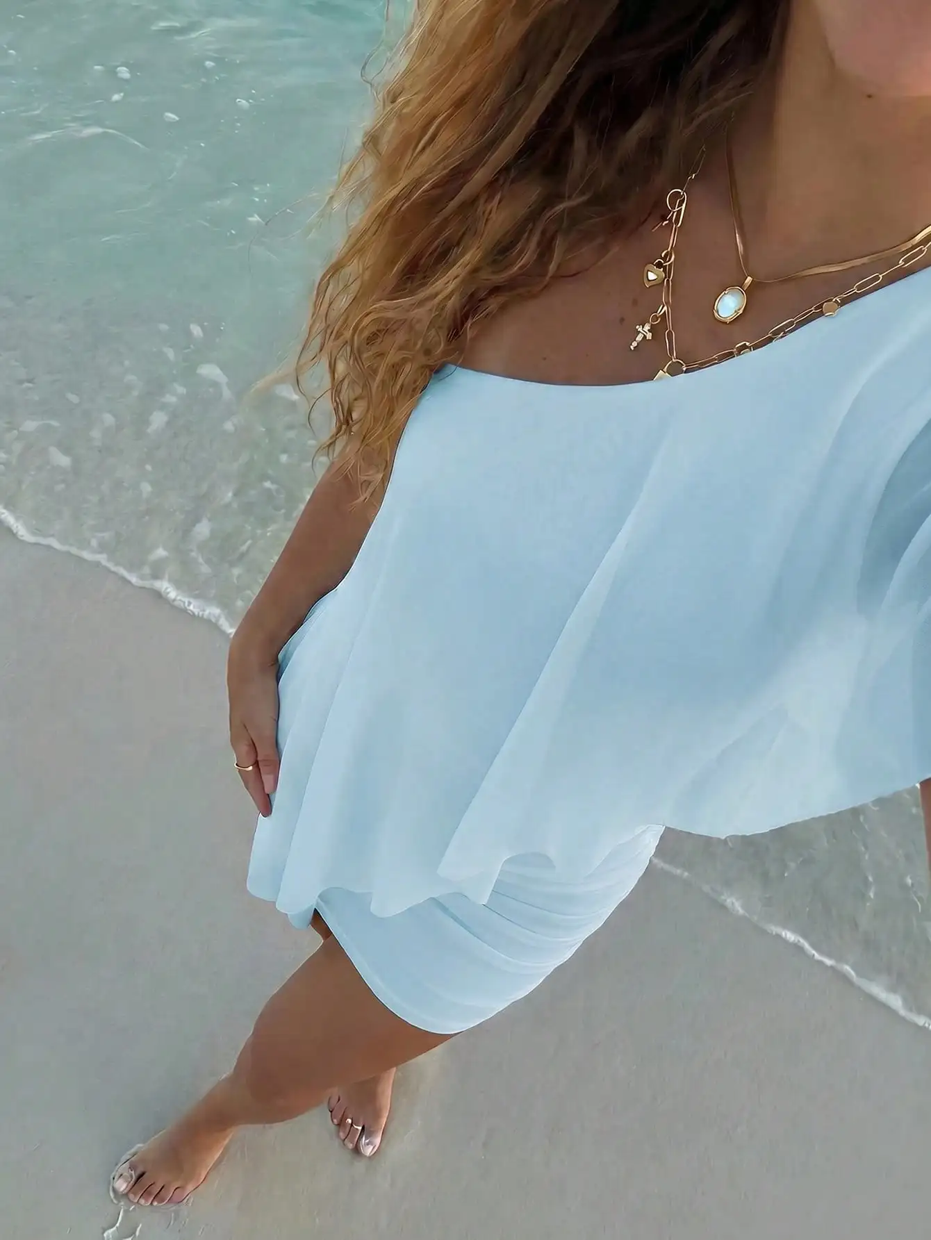 Aloruh Women's Casual Vacation Style Solid Color Pleated Fitted Mini Dress, Summer Vacation Light Blue,Wedding Guest,Graduation Dress