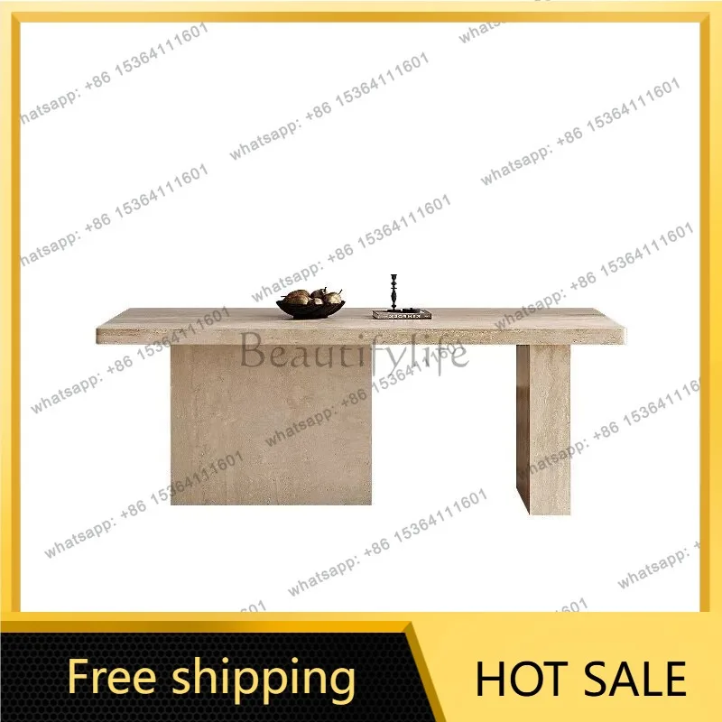 zj.Italian Minimalist Travertine Sintered Stone Dining Table French Cream Style Designer Rectangular Tables Home Furniture FYDT
