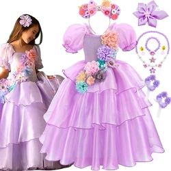 Disney Isabella Cosplay Costume Girls Luxury Purple Layered Dress Deluxe Flowers Applique Frock Stage Performance Elegant Gown