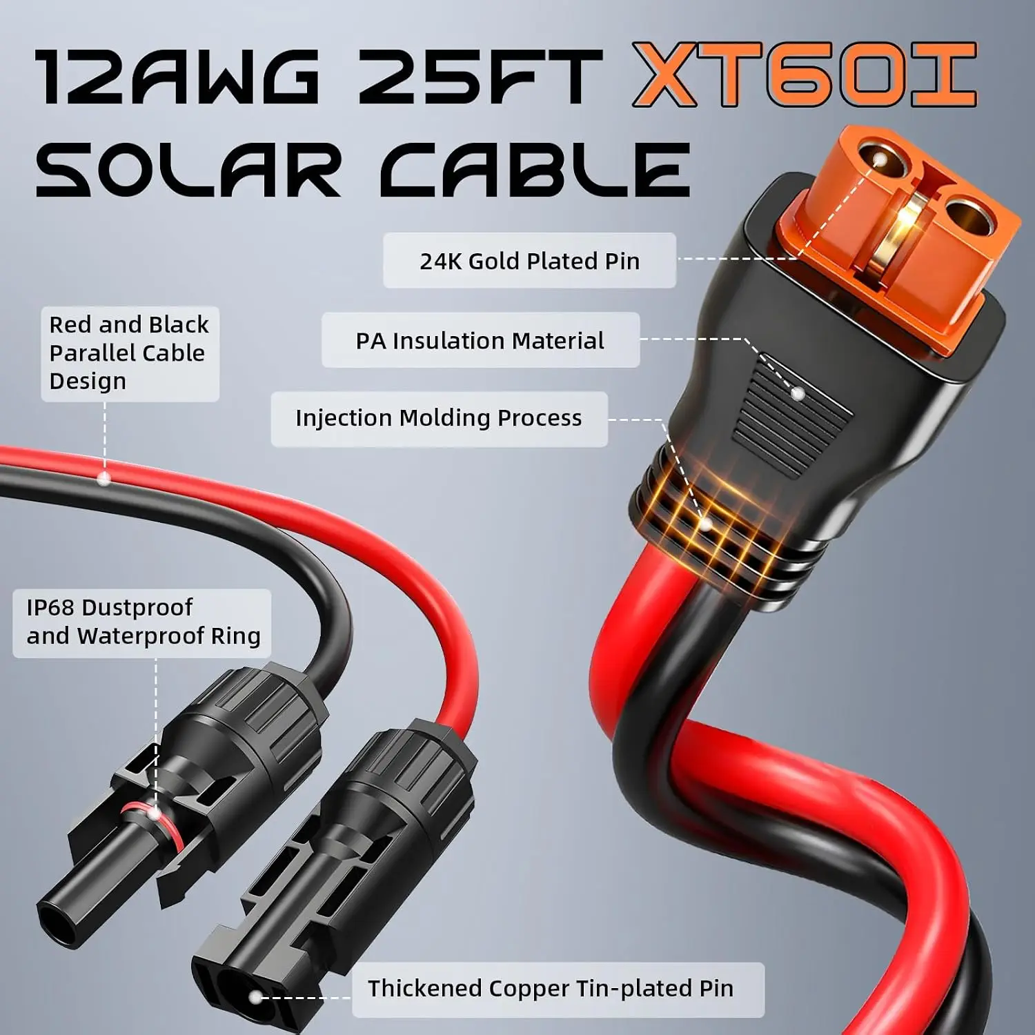 25FT 12AWG Solar to XT60i, 3 6 10 16 20 25FT Solar Panel Connector to XT60i-F Adapter Extension Charging Cable with Caps