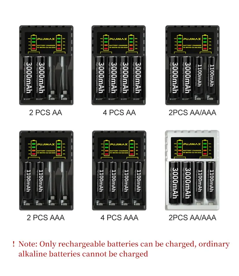 PUJIMAX 4 Slots Intelligent Ni-Mh Battery Charger for Rechargeable 1.2V AA Ni-MH Battery with USB Output Power and LED Display